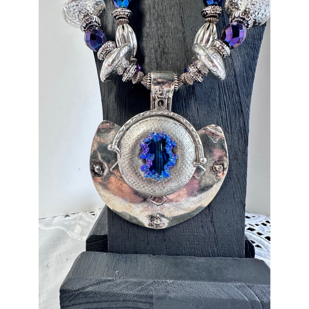 Anthony Alexander Runway Silvertone Art Glass Statement Necklace Earrings Set - Picture 5 of 9